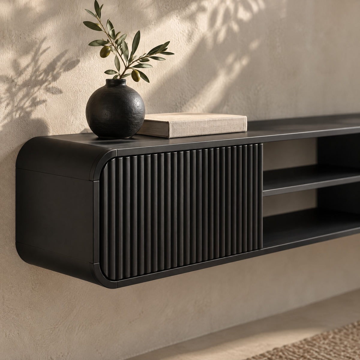 Meuble TV suspendu cannelé 160 cm, noir, gros plan