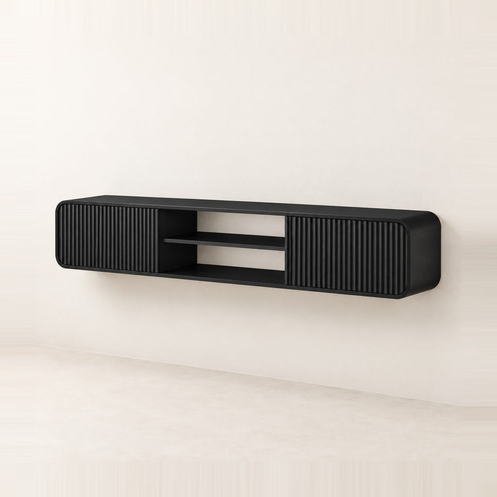 Meuble TV suspendu cannelé 160 cm, noir, vue de trois quarts