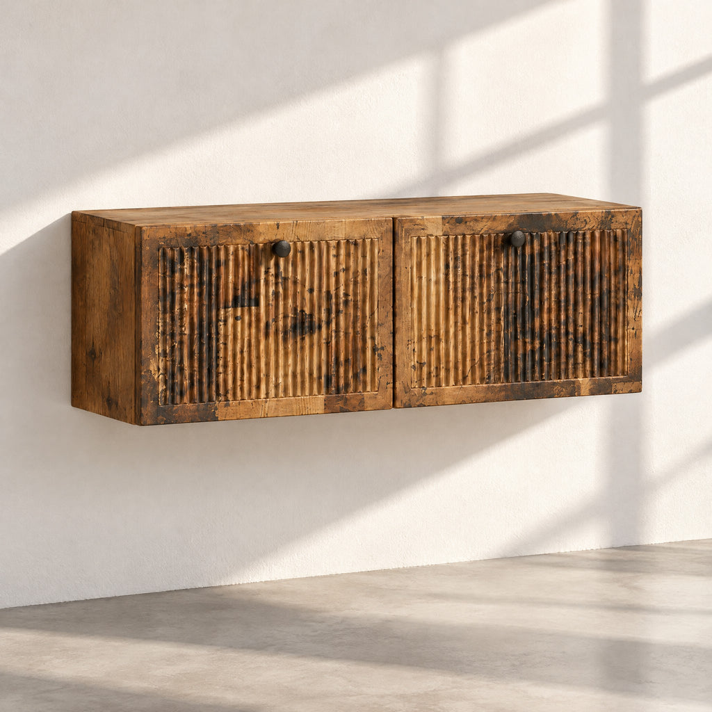 Meuble TV suspendu cannelé bois vieilli 98 cm, au soleil