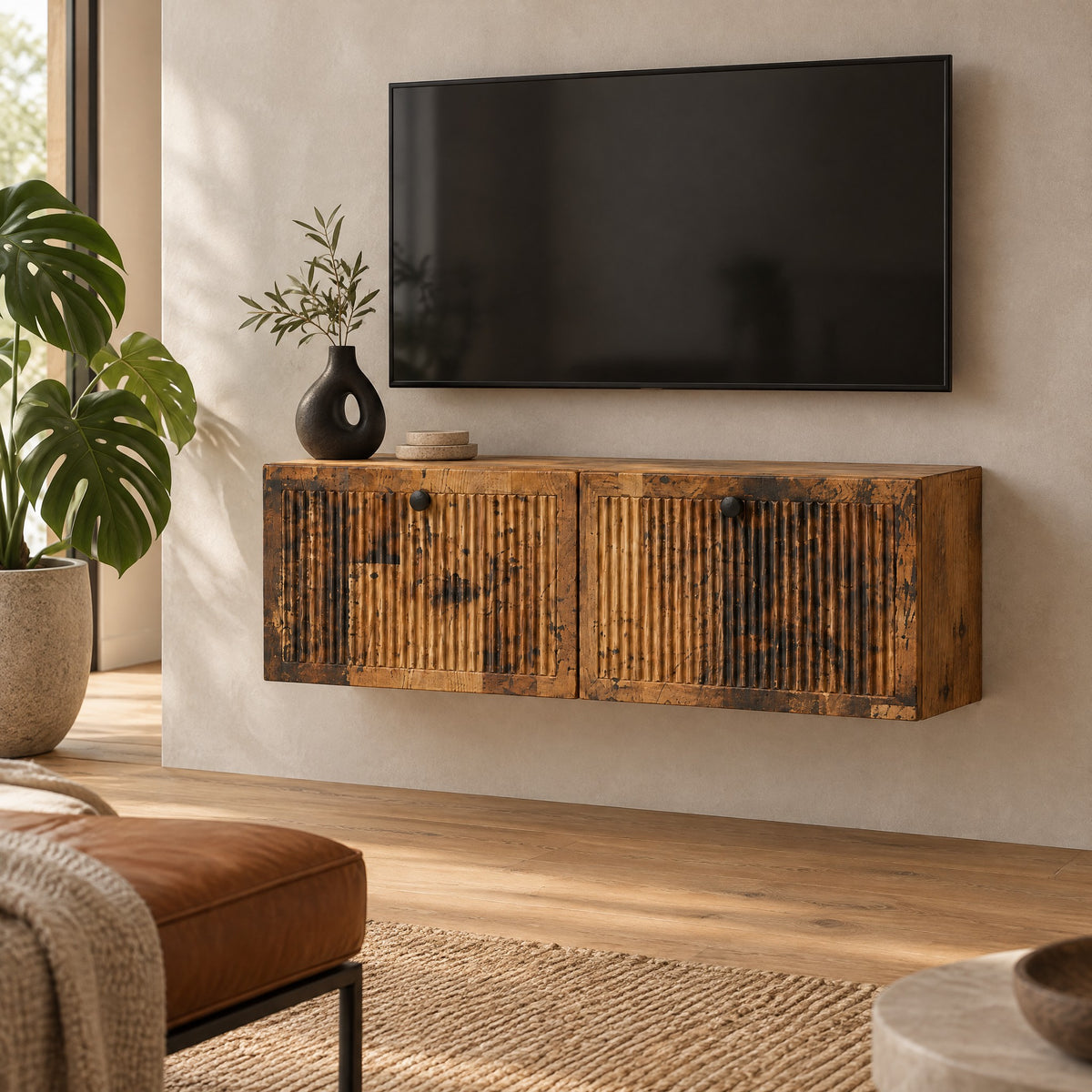 Meuble TV suspendu cannelé bois vieilli 98 cm, dans un salon
