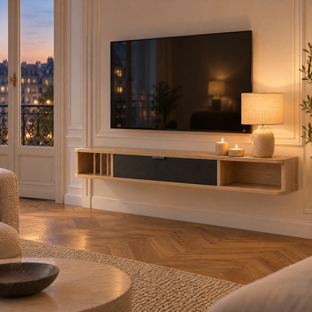 Meuble TV suspendu chêne clair et noir 140 cm, dans un salon le soir