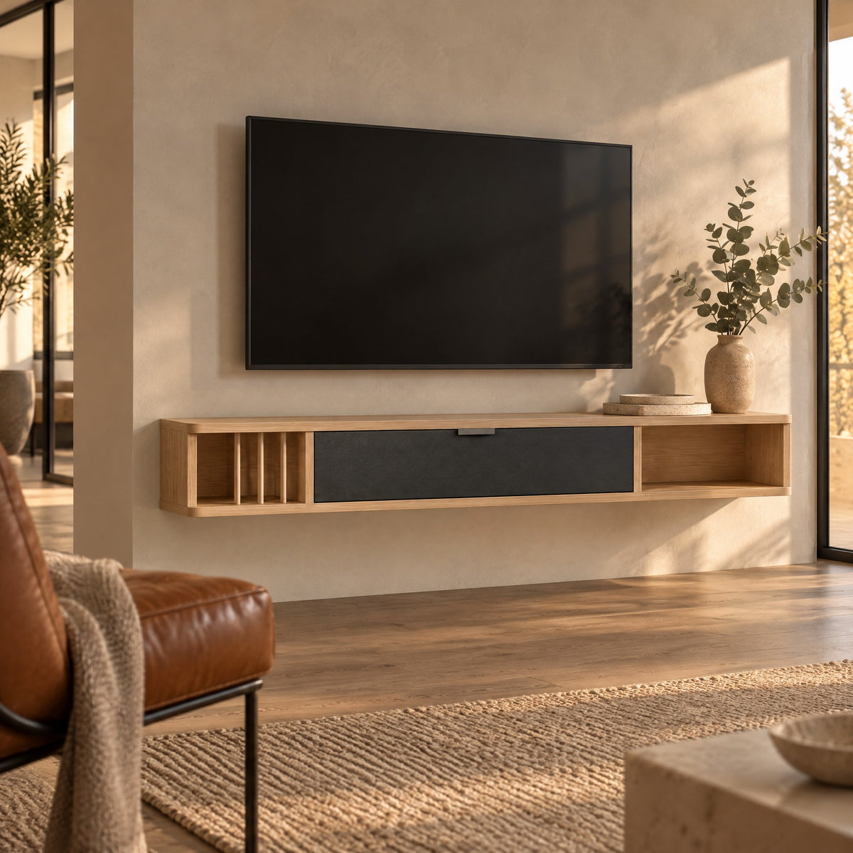 Meuble TV suspendu chêne clair et noir 140 cm, dans un salon