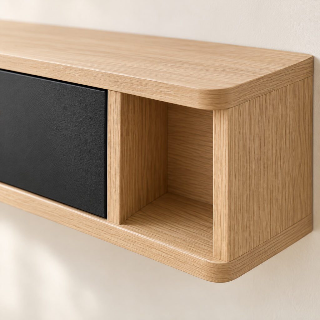 Meuble TV suspendu chêne clair et noir 140 cm, détail de la finition