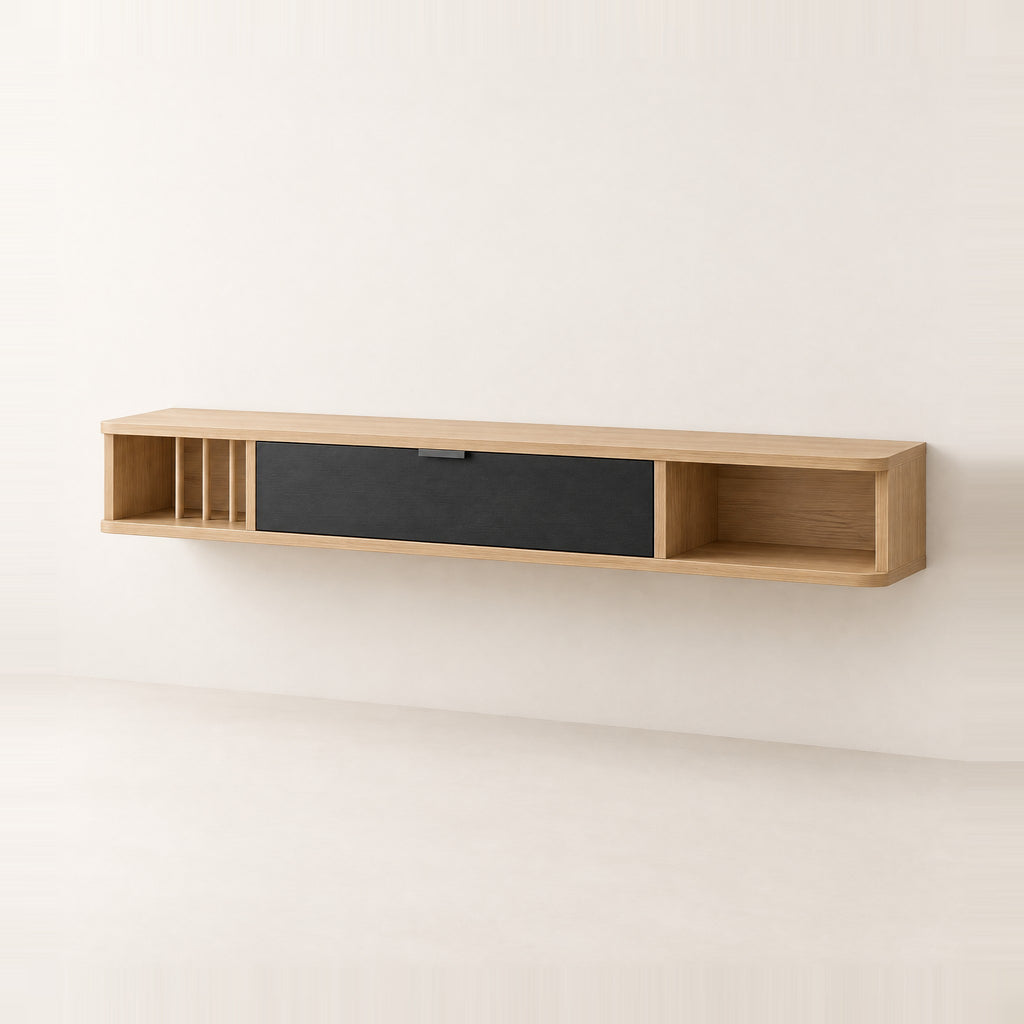 Meuble TV suspendu chêne clair et noir 140 cm, vue de trois quarts