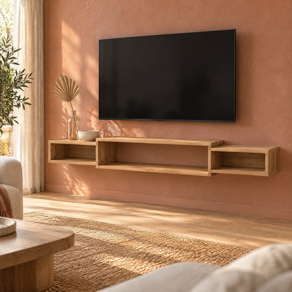 Meuble TV suspendu chêne rustique à niches ouvertes, dans un salon