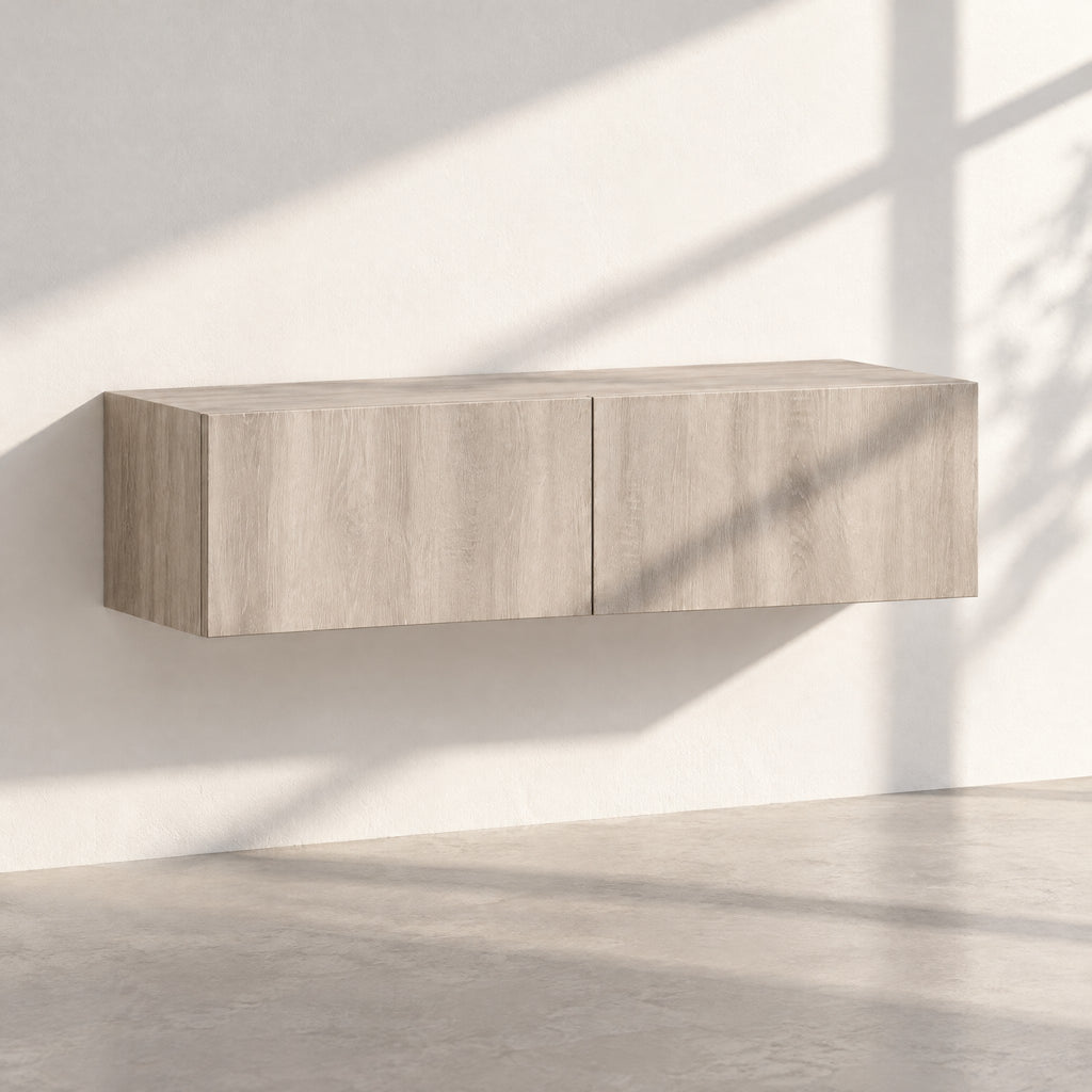 Meuble TV suspendu finition chêne 120 cm, chêne gris, au soleil