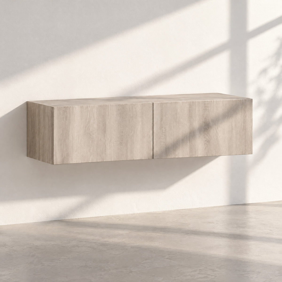 Meuble TV suspendu finition chêne 120 cm, chêne gris, au soleil