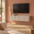 Meuble TV suspendu finition chêne 120 cm, chêne gris, dans un salon