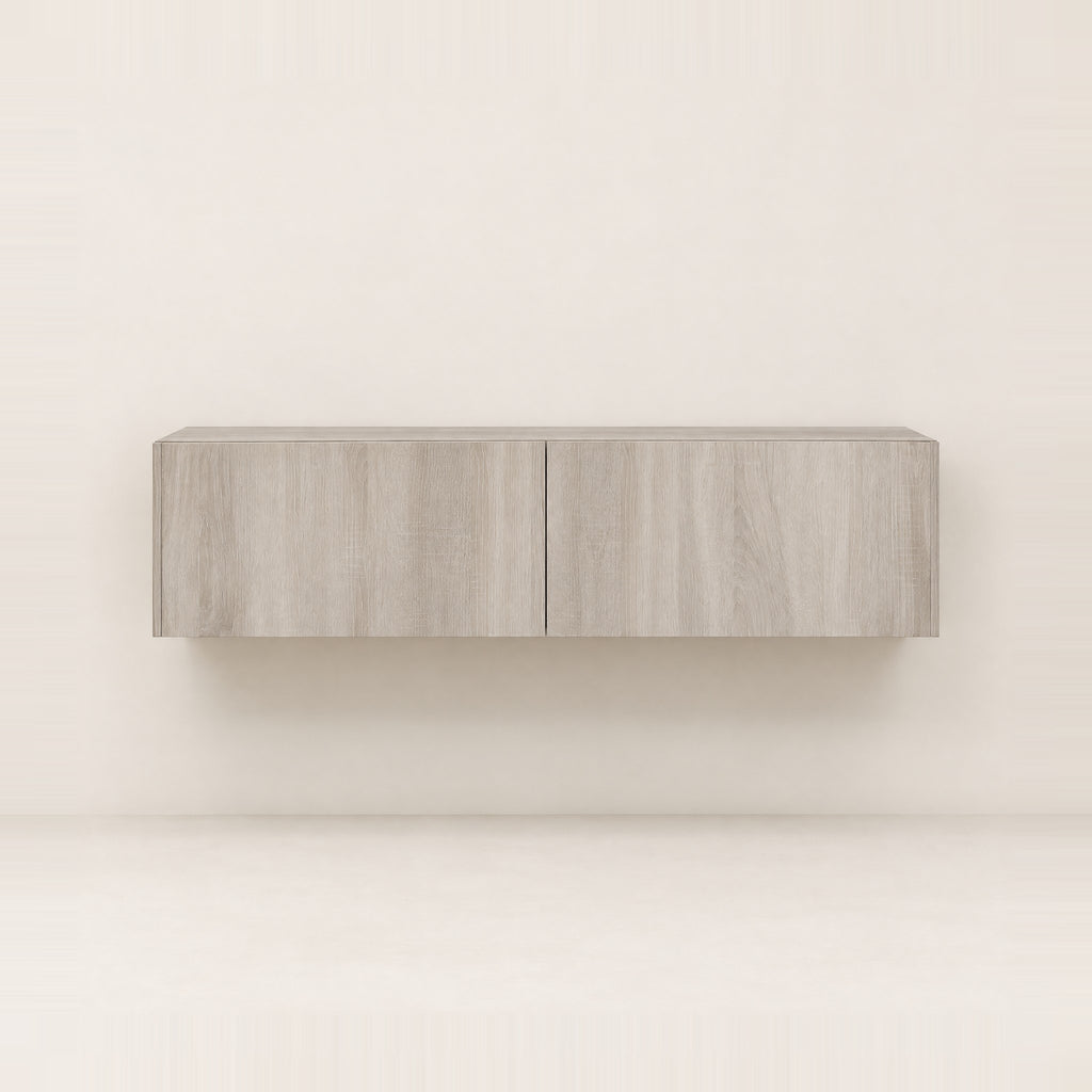 Meuble TV suspendu finition chêne 120 cm, chêne gris, vue de face