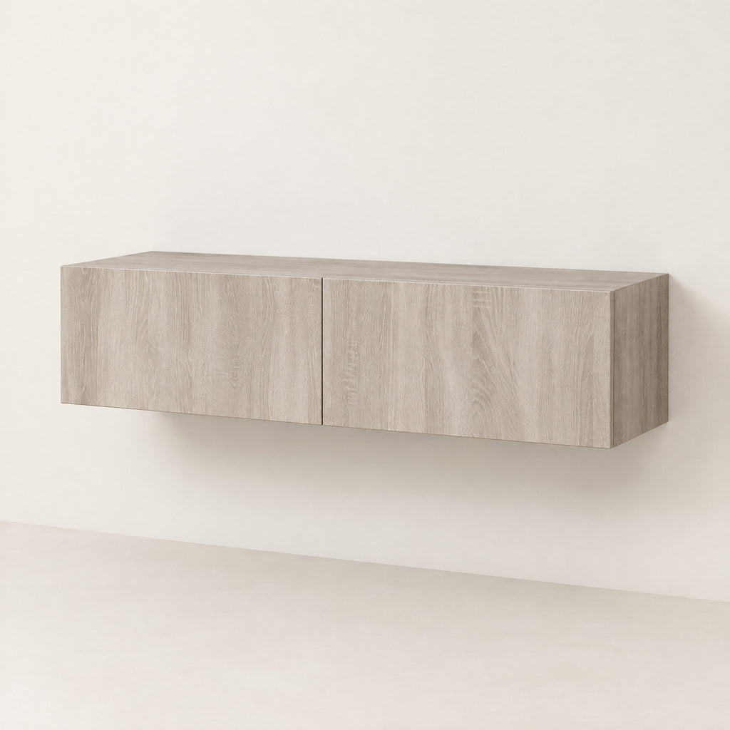 Meuble TV suspendu finition chêne 120 cm, chêne gris, vue de trois quarts