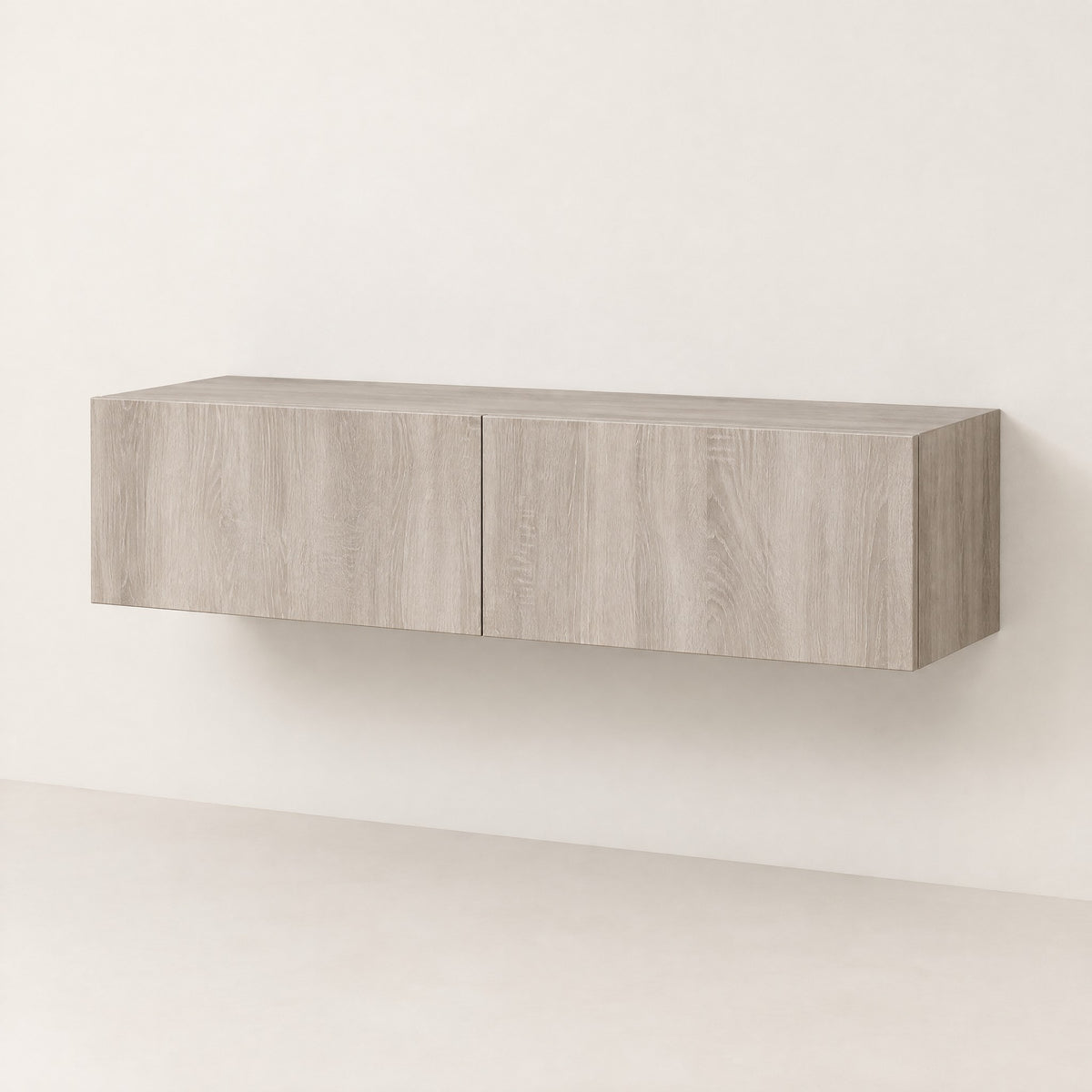 Meuble TV suspendu finition chêne 120 cm, chêne gris, vue de trois quarts