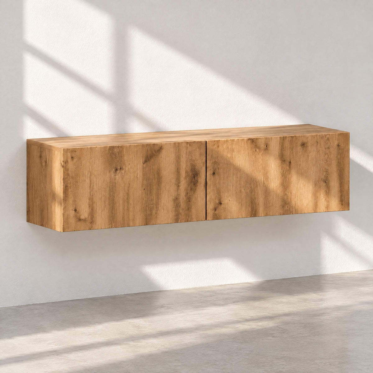 Meuble TV suspendu finition chêne 120 cm, chêne naturel, au soleil