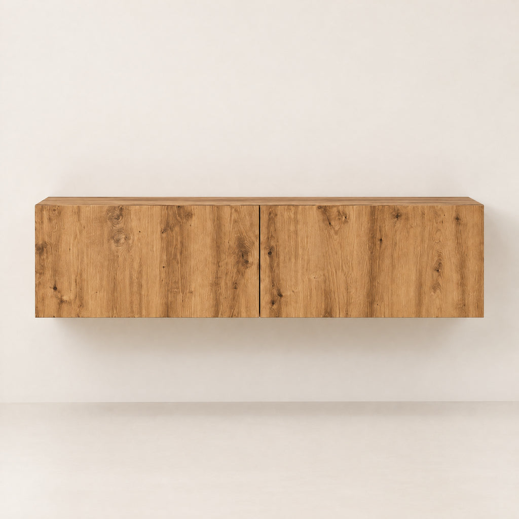 Meuble TV suspendu finition chêne 120 cm, chêne naturel, vue de face