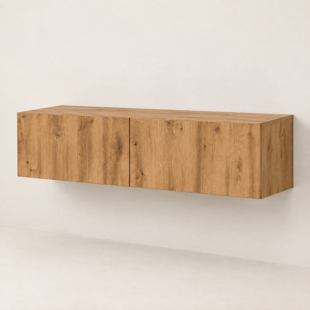 Meuble TV suspendu finition chêne 120 cm, chêne naturel, vue de trois quarts