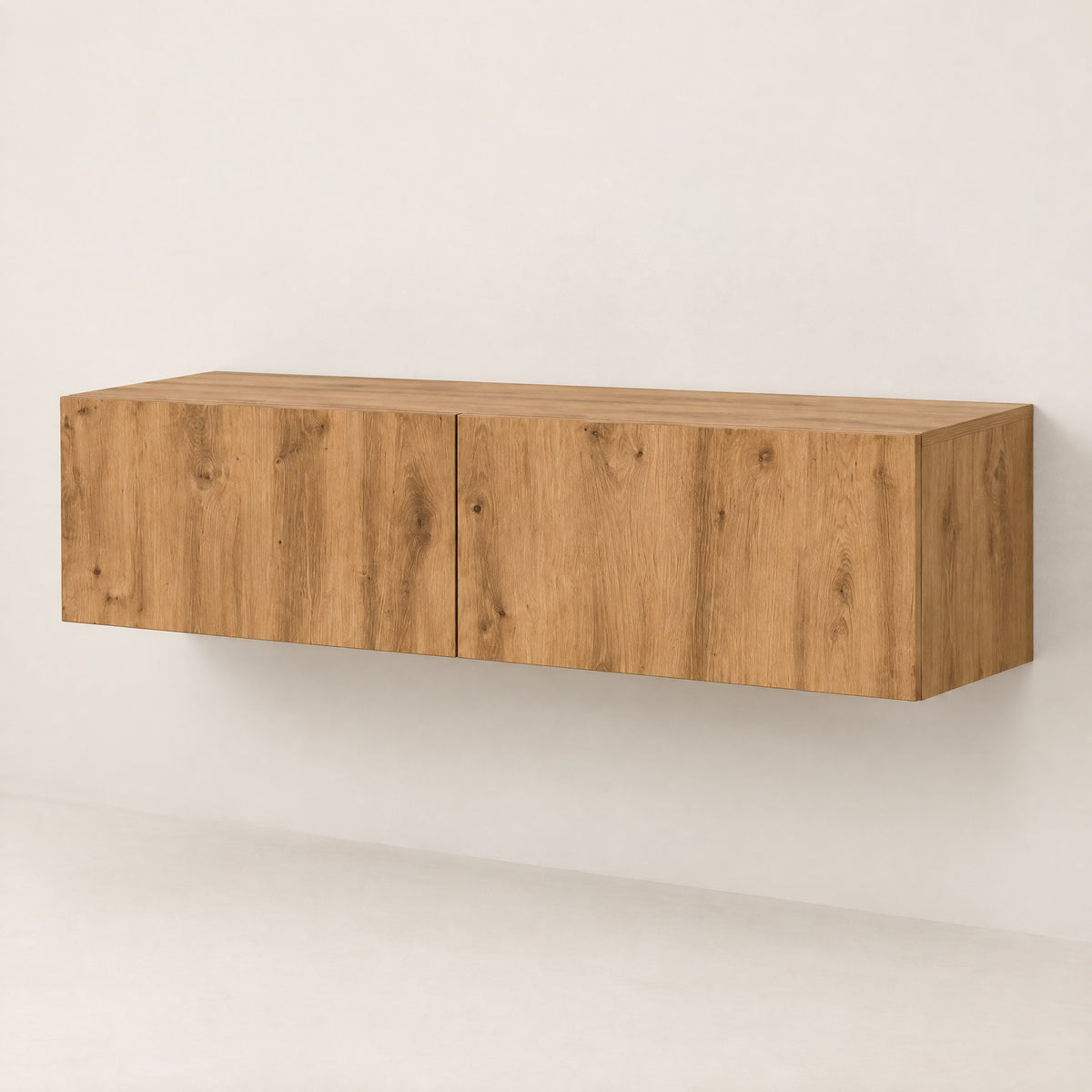 Meuble TV suspendu finition chêne 120 cm, chêne naturel, vue de trois quarts