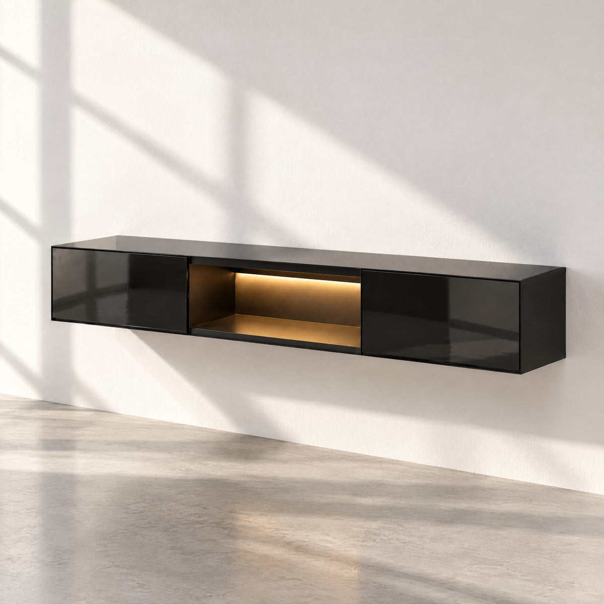 Meuble TV suspendu noir brillant avec LED 160 cm, au soleil