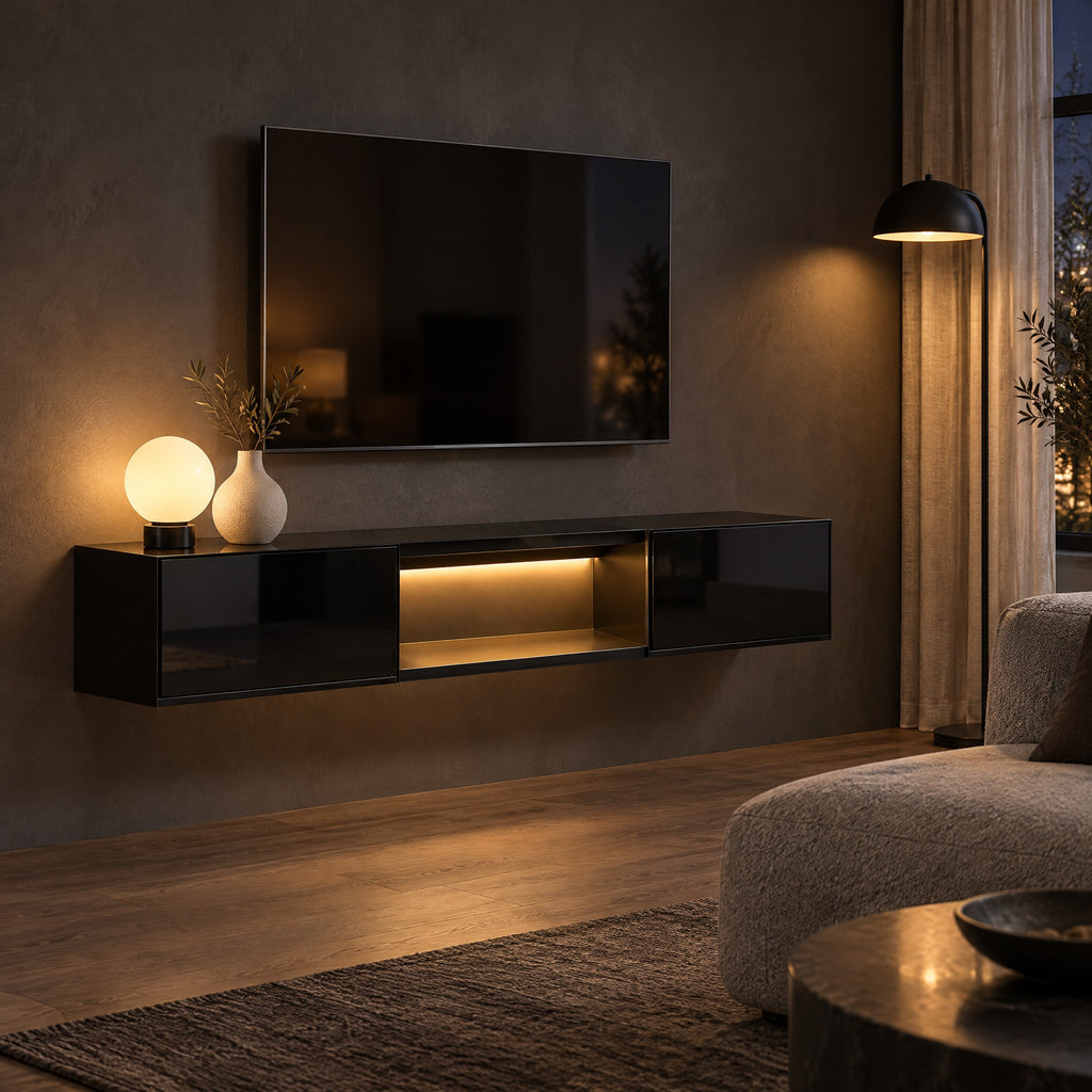 Meuble TV suspendu noir brillant avec LED 160 cm, dans un salon le soir