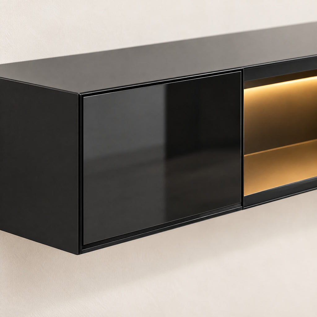 Meuble TV suspendu noir brillant avec LED 160 cm, détail de la finition