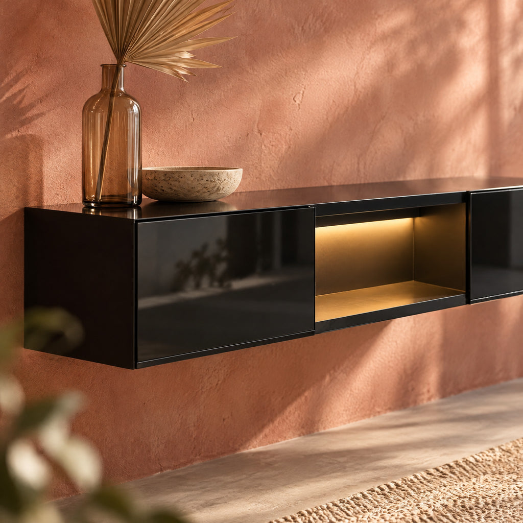 Meuble TV suspendu noir brillant avec LED 160 cm, gros plan