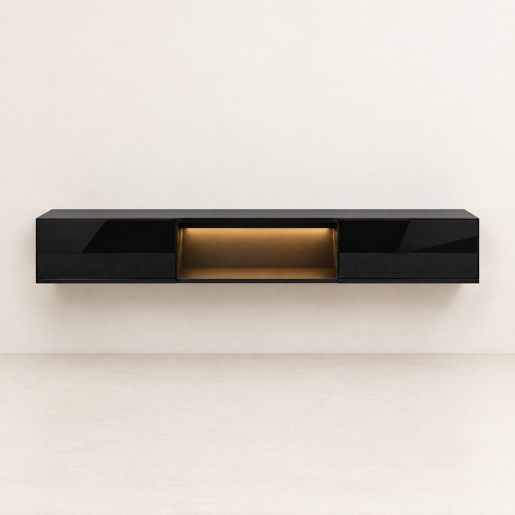 Meuble TV suspendu noir brillant avec LED 160 cm, vue de face