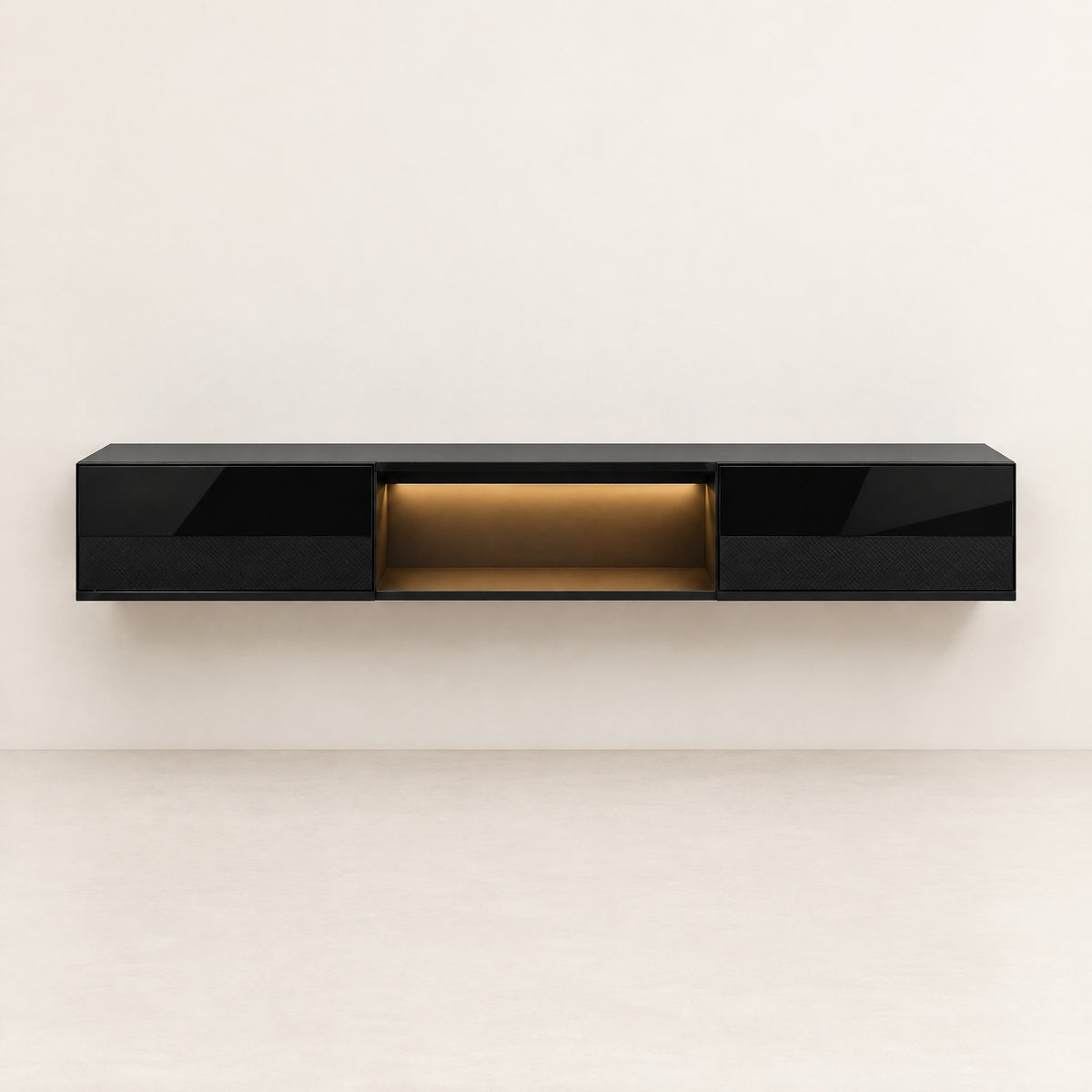 Meuble TV suspendu noir brillant avec LED 160 cm, vue de face