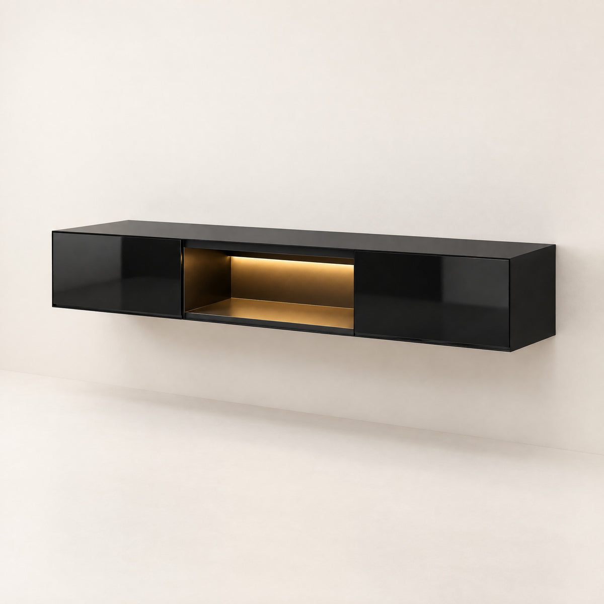 Meuble TV suspendu noir brillant avec LED 160 cm, vue de trois quarts