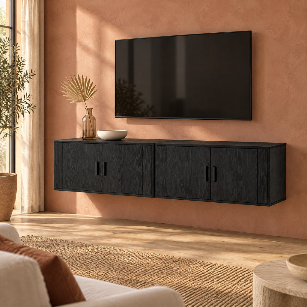 Lot de 2 meubles TV suspendus chêne noir, dans un salon