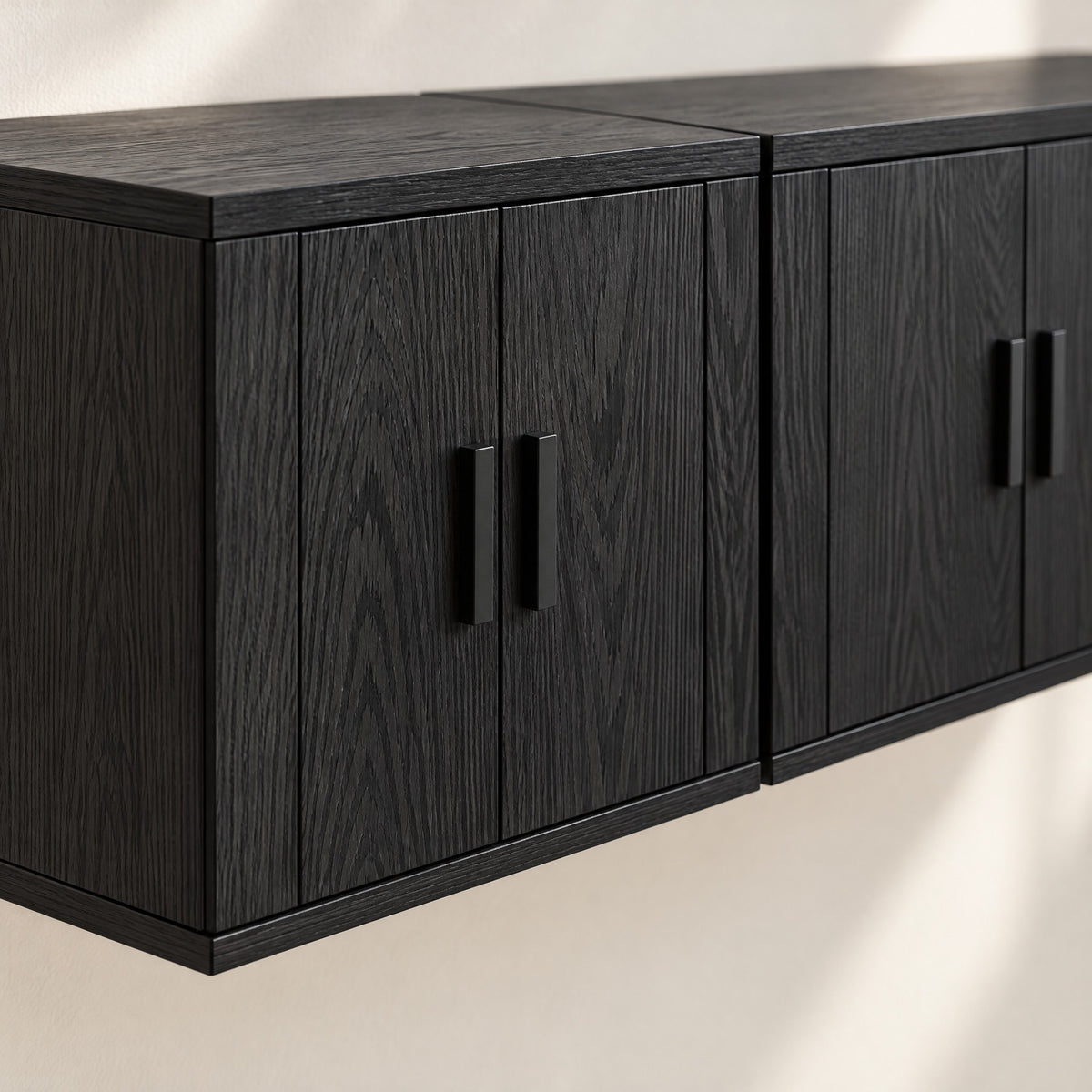 Lot de 2 meubles TV suspendus chêne noir, détail de la finition