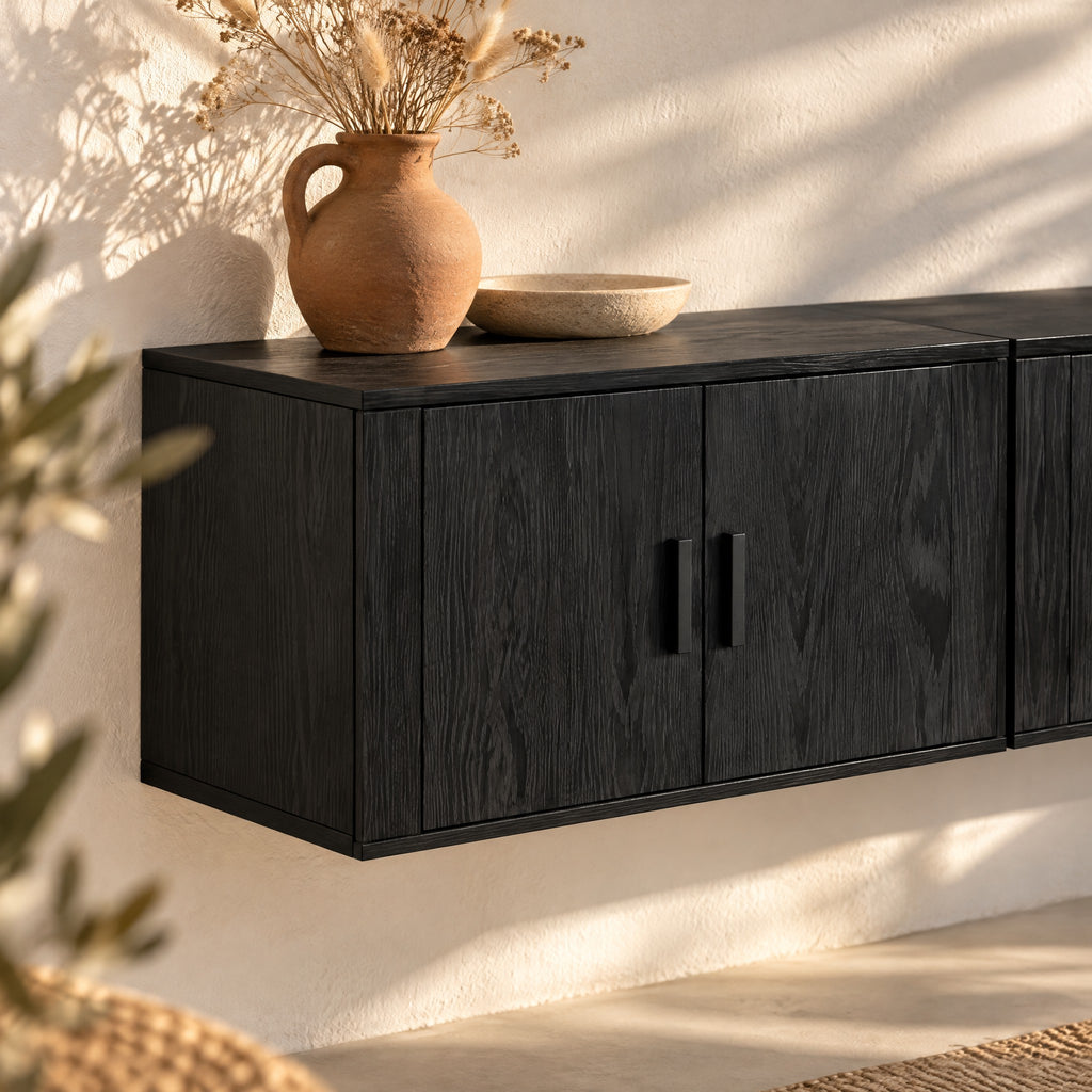 Lot de 2 meubles TV suspendus chêne noir, gros plan