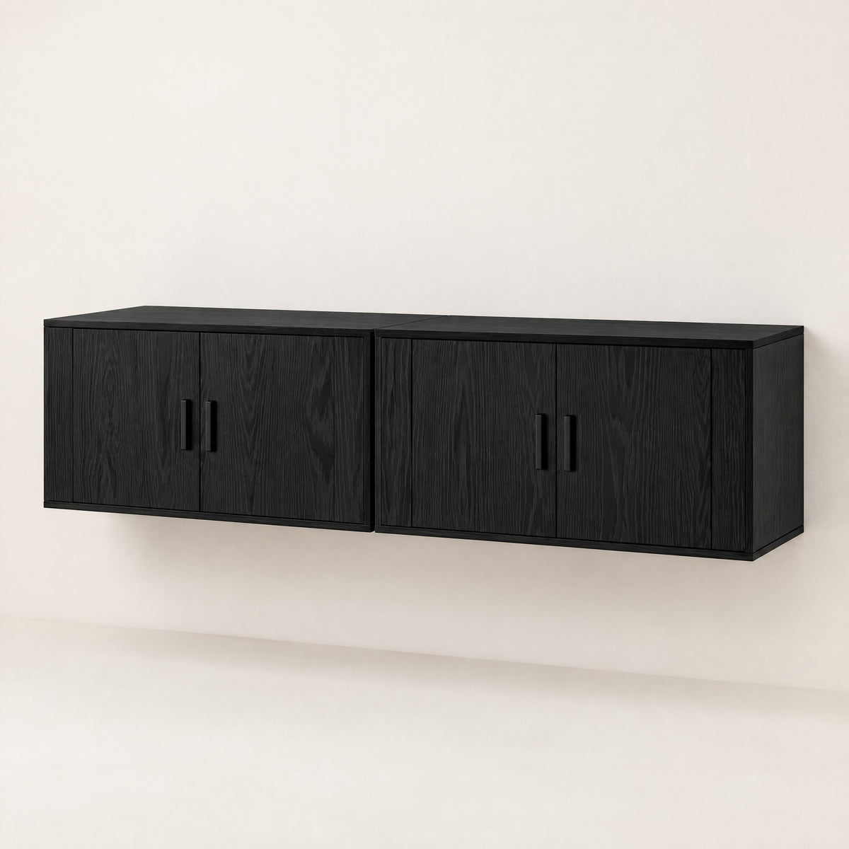 Lot de 2 meubles TV suspendus chêne noir, vue de trois quarts