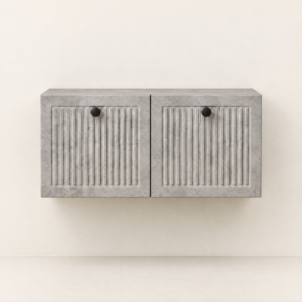 Petit meuble TV suspendu effet béton cannelé 60 cm, vue de face