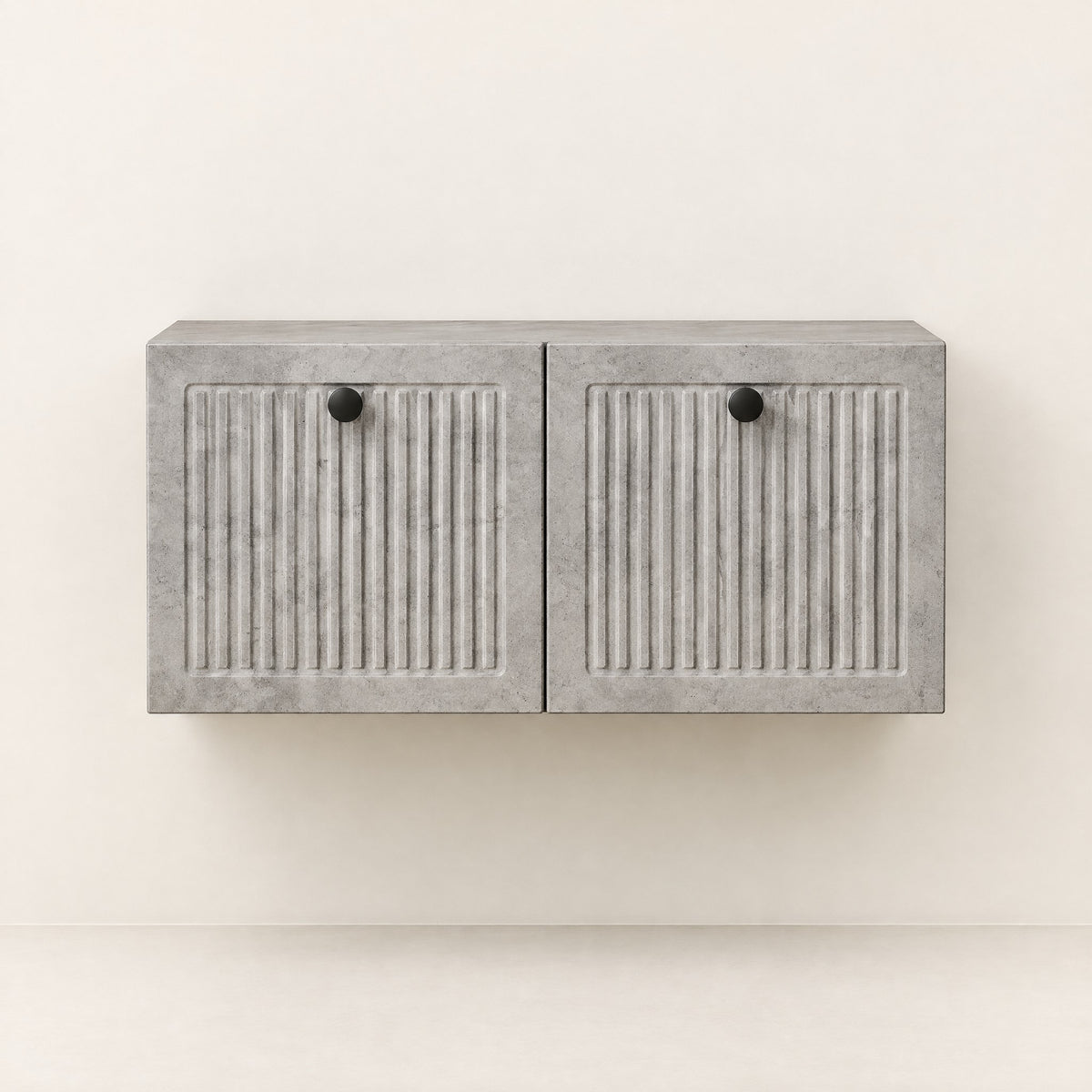 Petit meuble TV suspendu effet béton cannelé 60 cm, vue de face