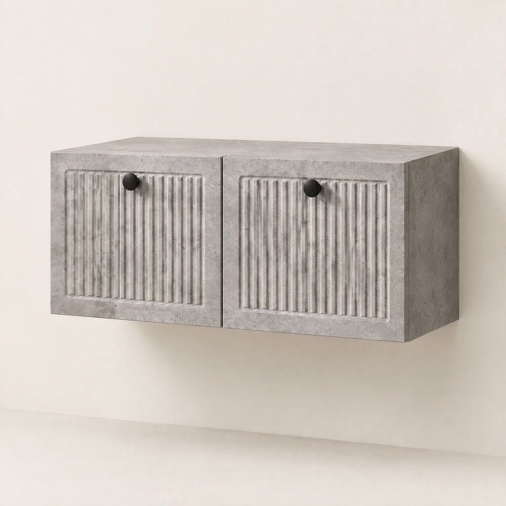 Petit meuble TV suspendu effet béton cannelé 60 cm, vue de trois quarts